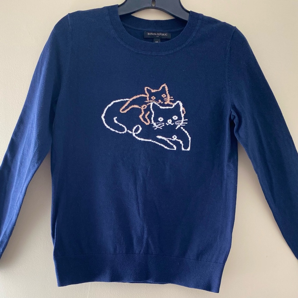 Banana Republic Cat Intarsia Crew Neck Lightweight Sweater Size: XS